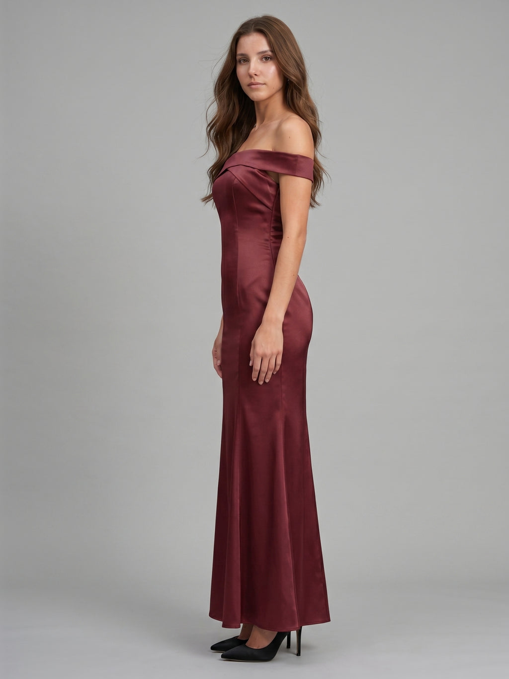 Cabernet Satin Mermaid Off-the-Shoulder Backless Floor-Length Bridesmaid Dress