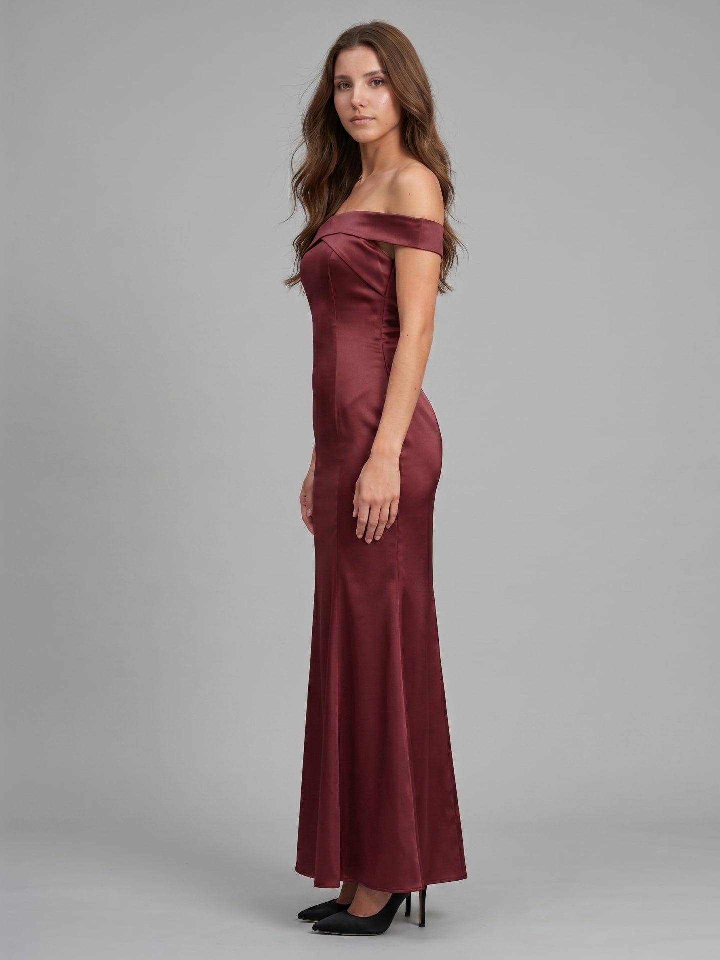 Cabernet Satin Mermaid Off-the-Shoulder Backless Floor-Length Bridesmaid Dress