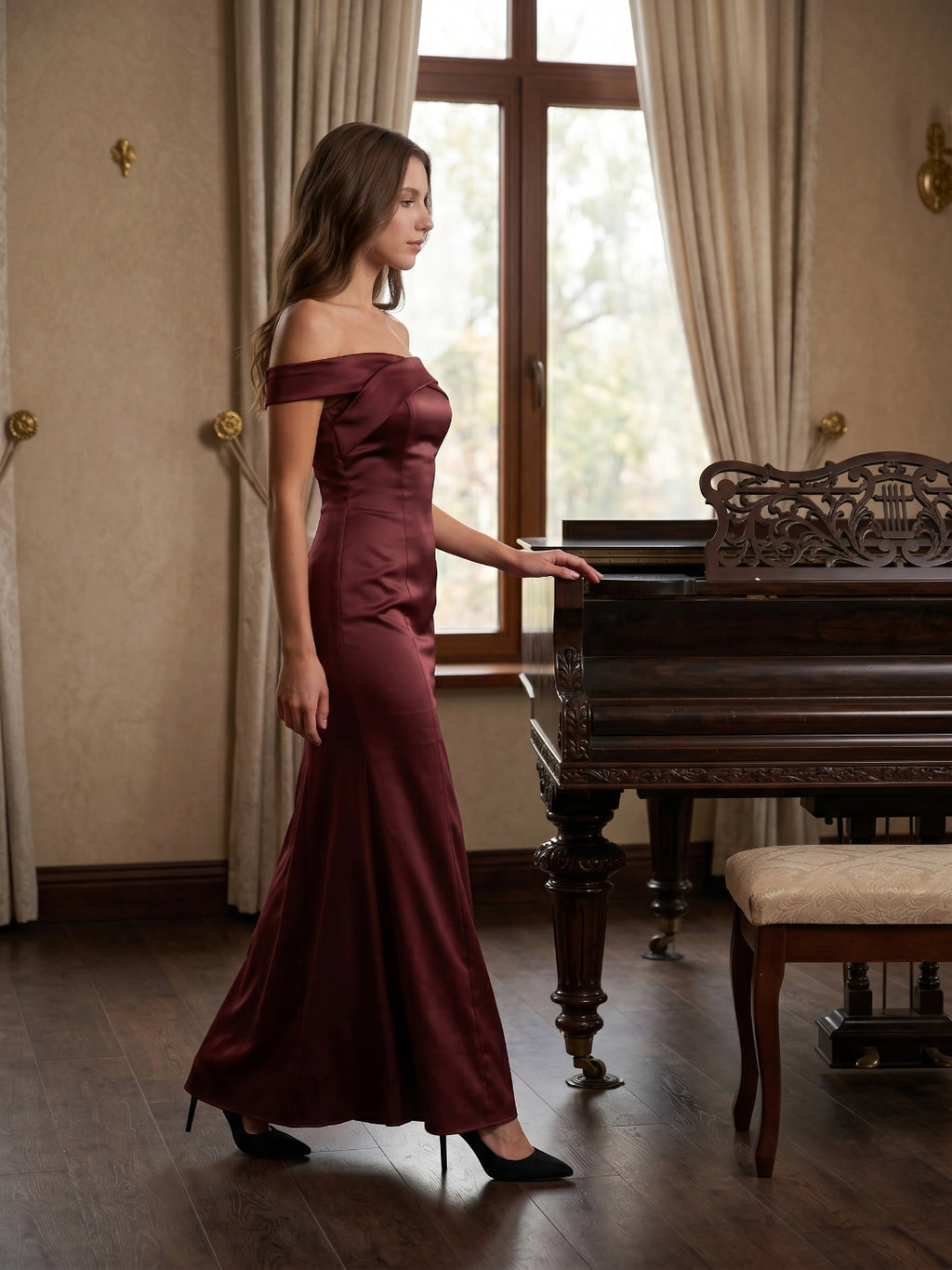 Cabernet Satin Mermaid Off-the-Shoulder Backless Floor-Length Bridesmaid Dress