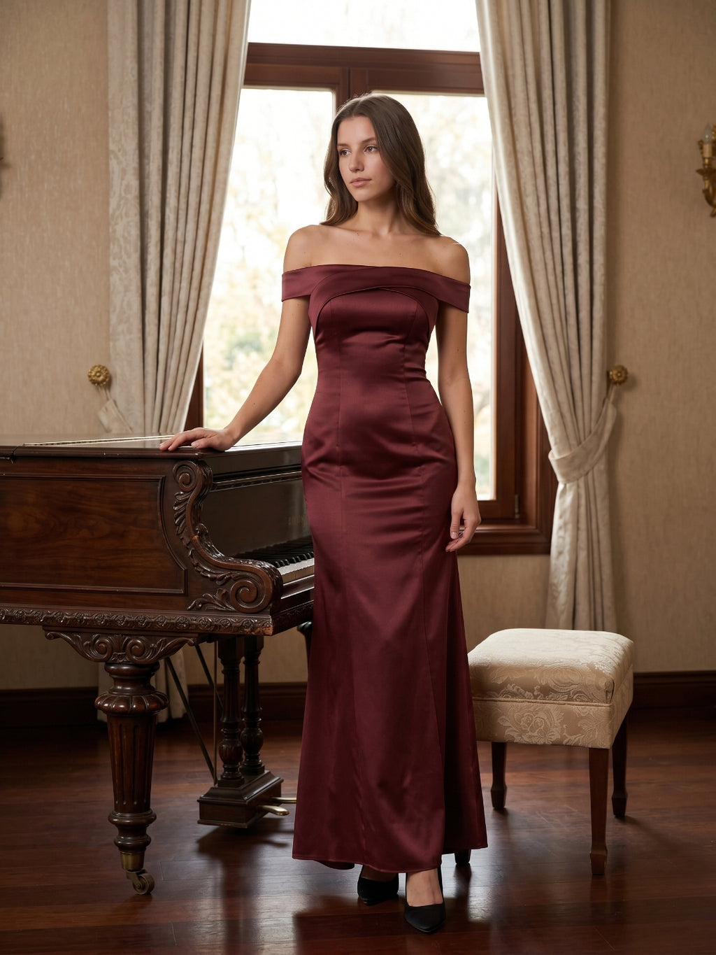 Cabernet Satin Mermaid Off-the-Shoulder Backless Floor-Length Bridesmaid Dress