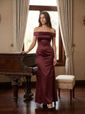 Cabernet Satin Mermaid Off-the-Shoulder Backless Floor-Length Bridesmaid Dress