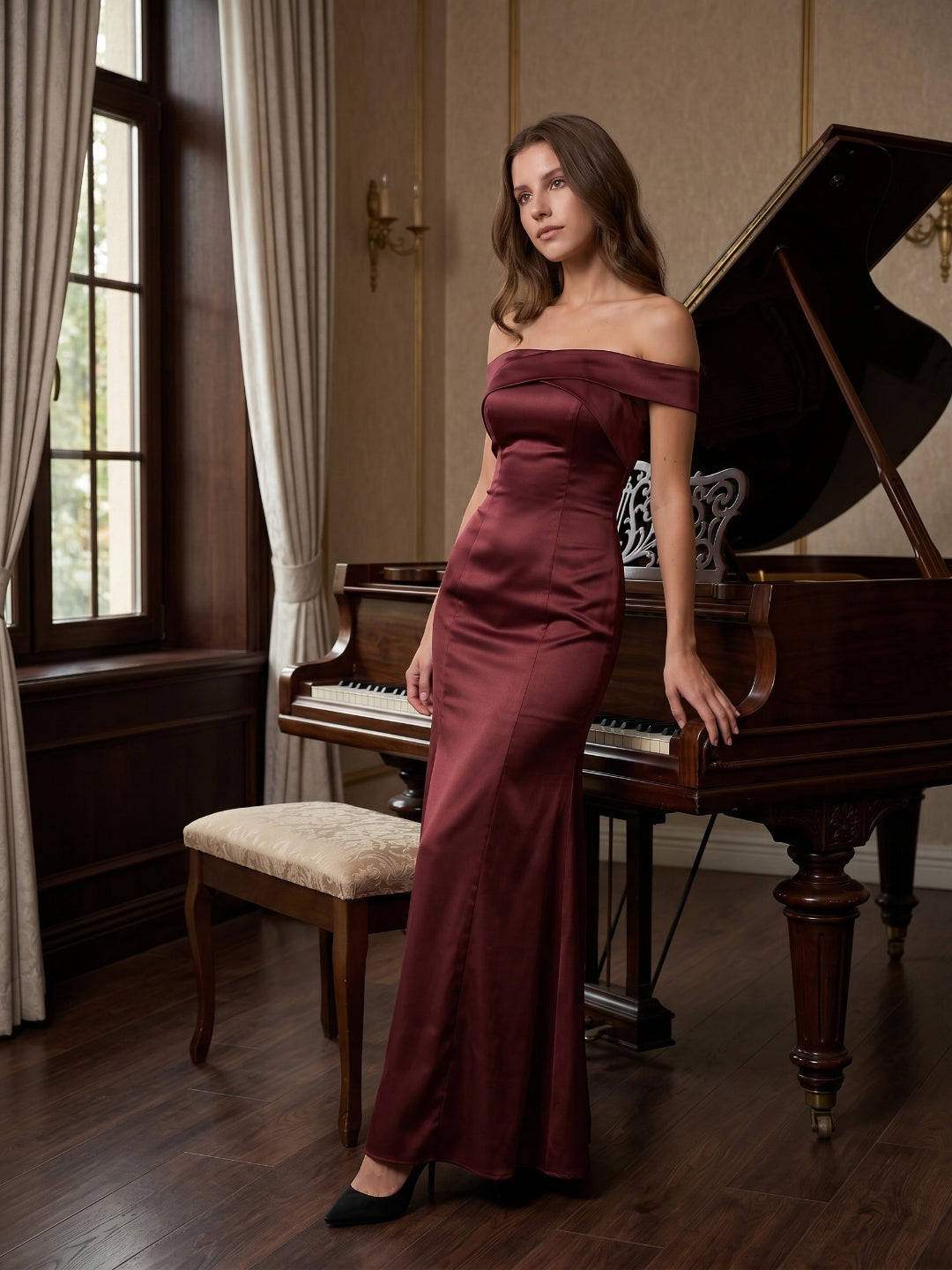 Cabernet Satin Mermaid Off-the-Shoulder Backless Floor-Length Bridesmaid Dress