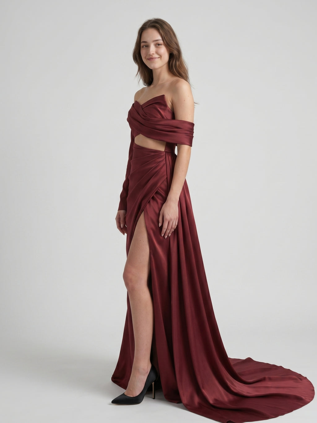 Cabernet Satin Mermaid Off-the-Shoulder Backless Floor-Length Pleated Bridesmaid Dress
