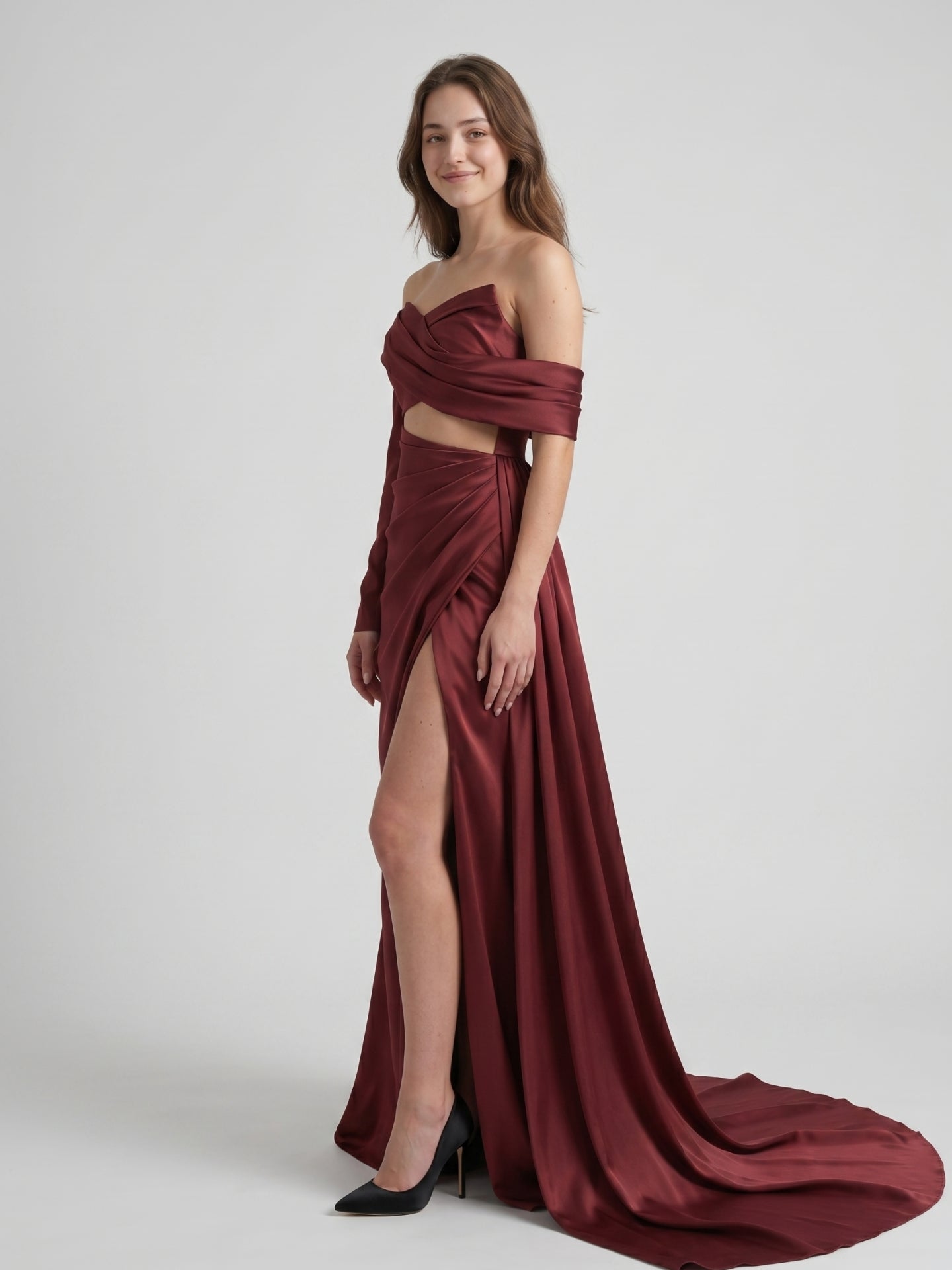 Cabernet Satin Mermaid Off-the-Shoulder Backless Floor-Length Pleated Bridesmaid Dress