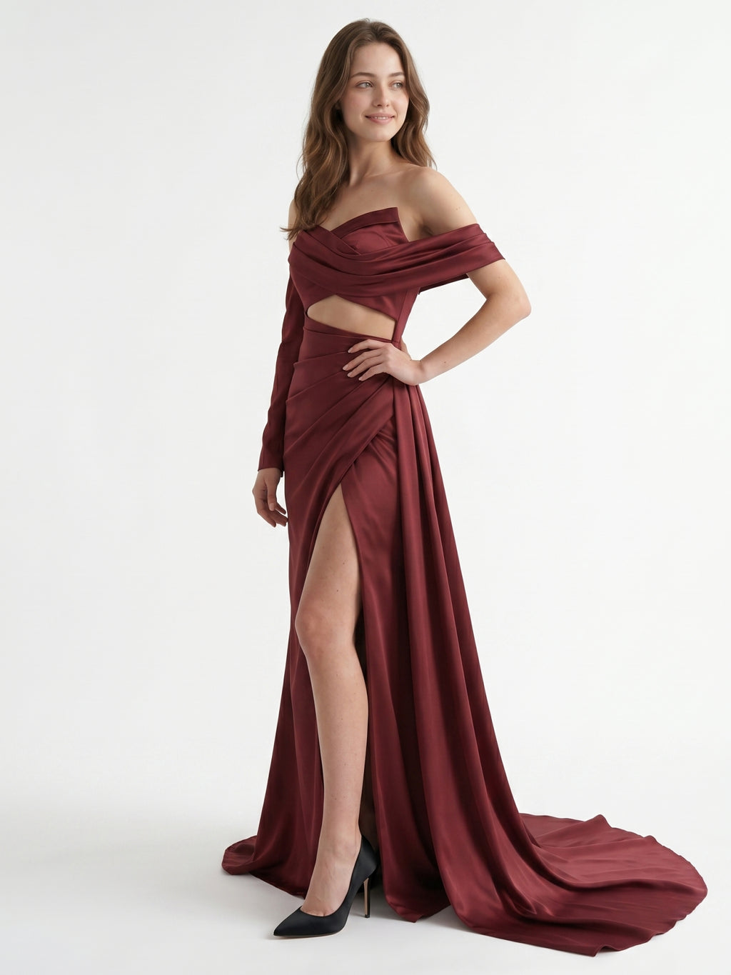 Cabernet Satin Mermaid Off-the-Shoulder Backless Floor-Length Pleated Bridesmaid Dress