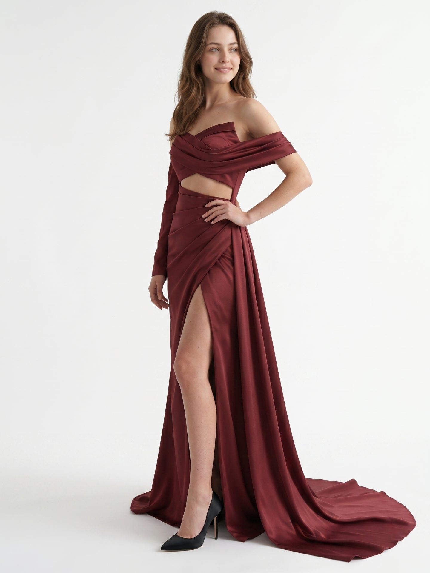 Cabernet Satin Mermaid Off-the-Shoulder Backless Floor-Length Pleated Bridesmaid Dress
