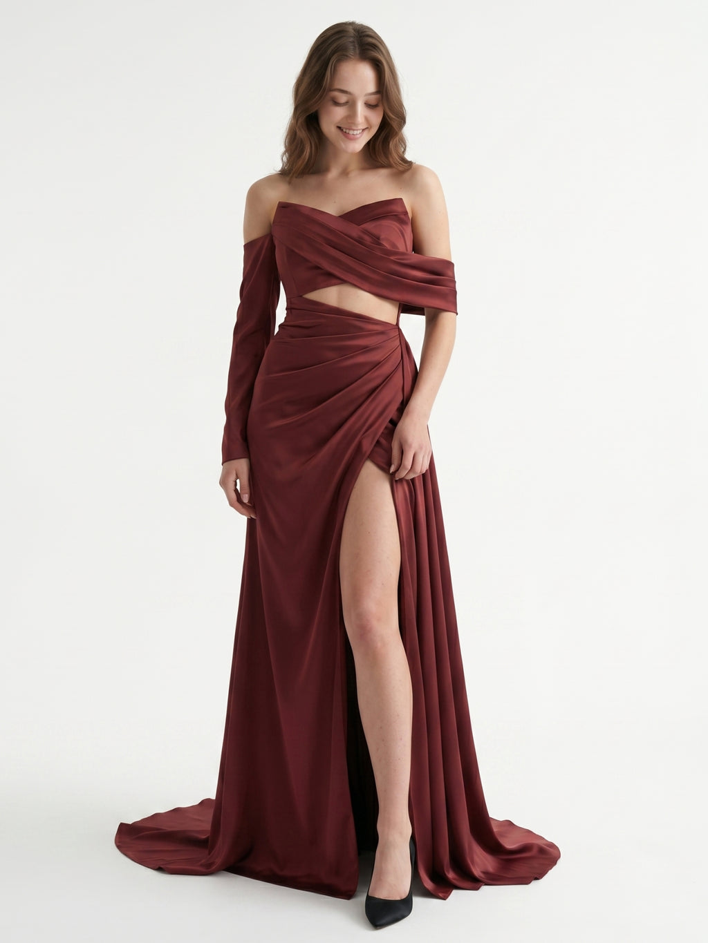 Cabernet Satin Mermaid Off-the-Shoulder Backless Floor-Length Pleated Bridesmaid Dress