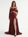 Cabernet Satin Mermaid Off-the-Shoulder Backless Floor-Length Pleated Bridesmaid Dress