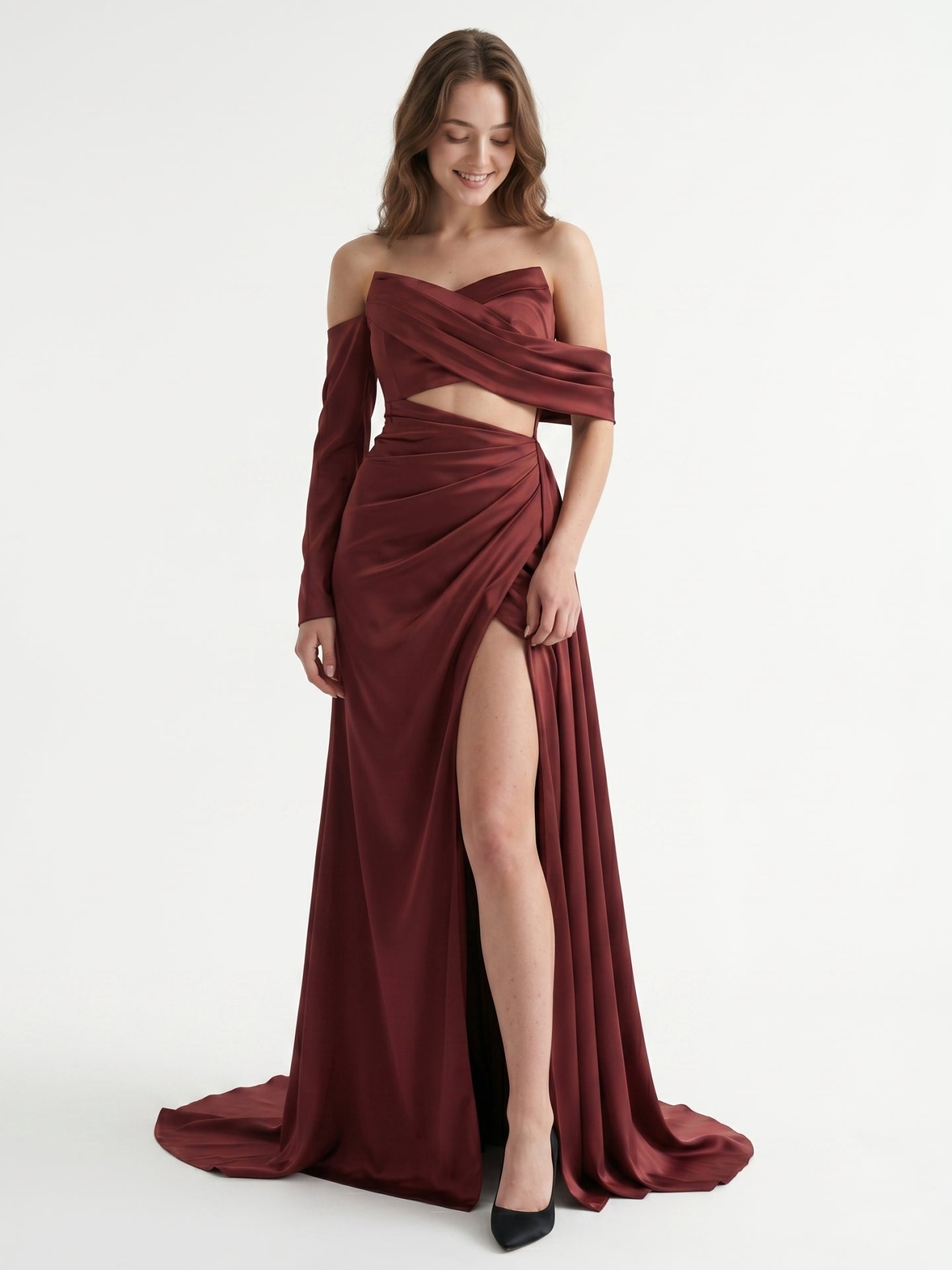 Cabernet Satin Mermaid Off-the-Shoulder Backless Floor-Length Pleated Bridesmaid Dress
