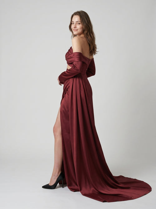 Cabernet Satin Mermaid Off-the-Shoulder Backless Floor-Length Pleated Bridesmaid Dress