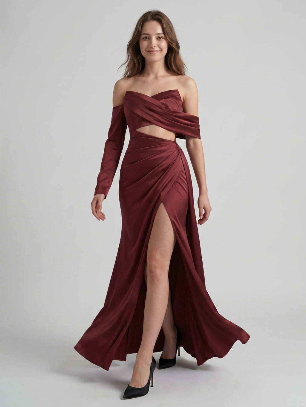Cabernet Satin Mermaid Off-the-Shoulder Backless Floor-Length Pleated Bridesmaid Dress
