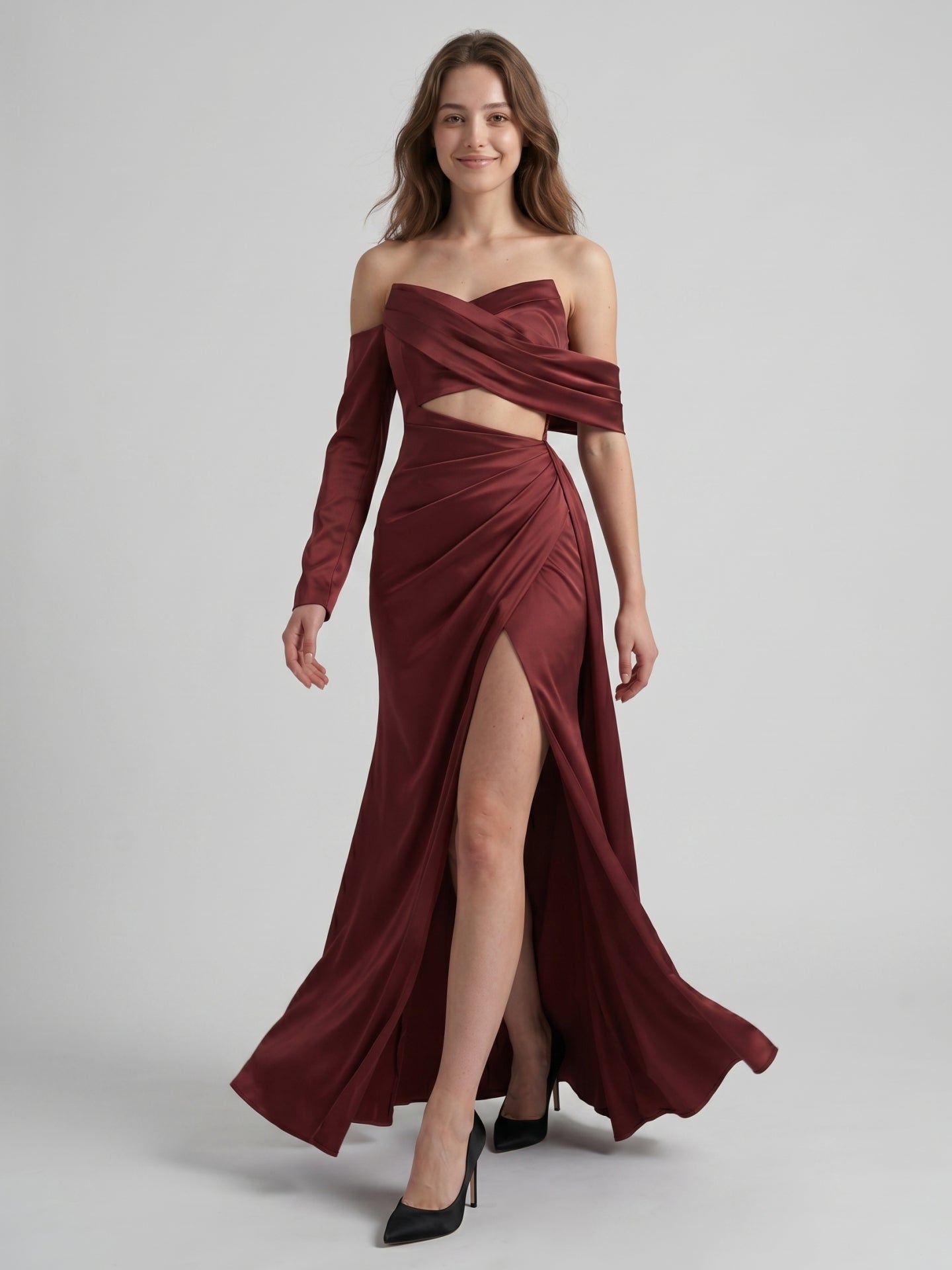 Cabernet Satin Mermaid Off-the-Shoulder Backless Floor-Length Pleated Bridesmaid Dress