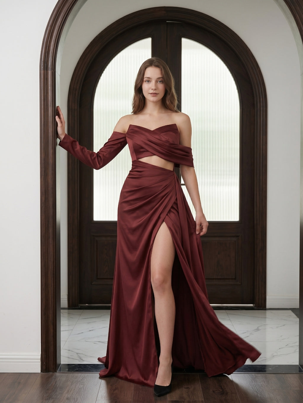 Cabernet Satin Mermaid Off-the-Shoulder Backless Floor-Length Pleated Bridesmaid Dress