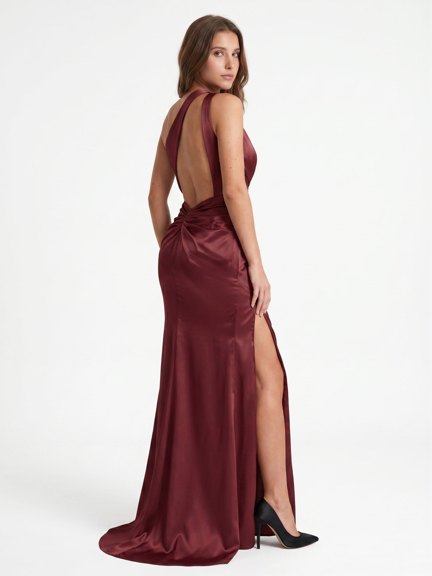 Cabernet Satin Mermaid One Shoulder Backless Floor-Length Bridesmaid Dress with Pleating