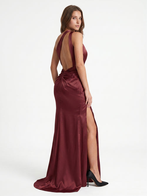 Cabernet Satin Mermaid One Shoulder Backless Floor-Length Bridesmaid Dress with Pleating