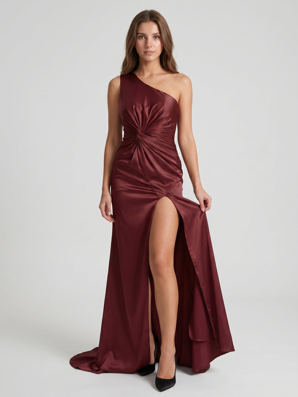 Cabernet Satin Mermaid One Shoulder Backless Floor-Length Bridesmaid Dress with Pleating