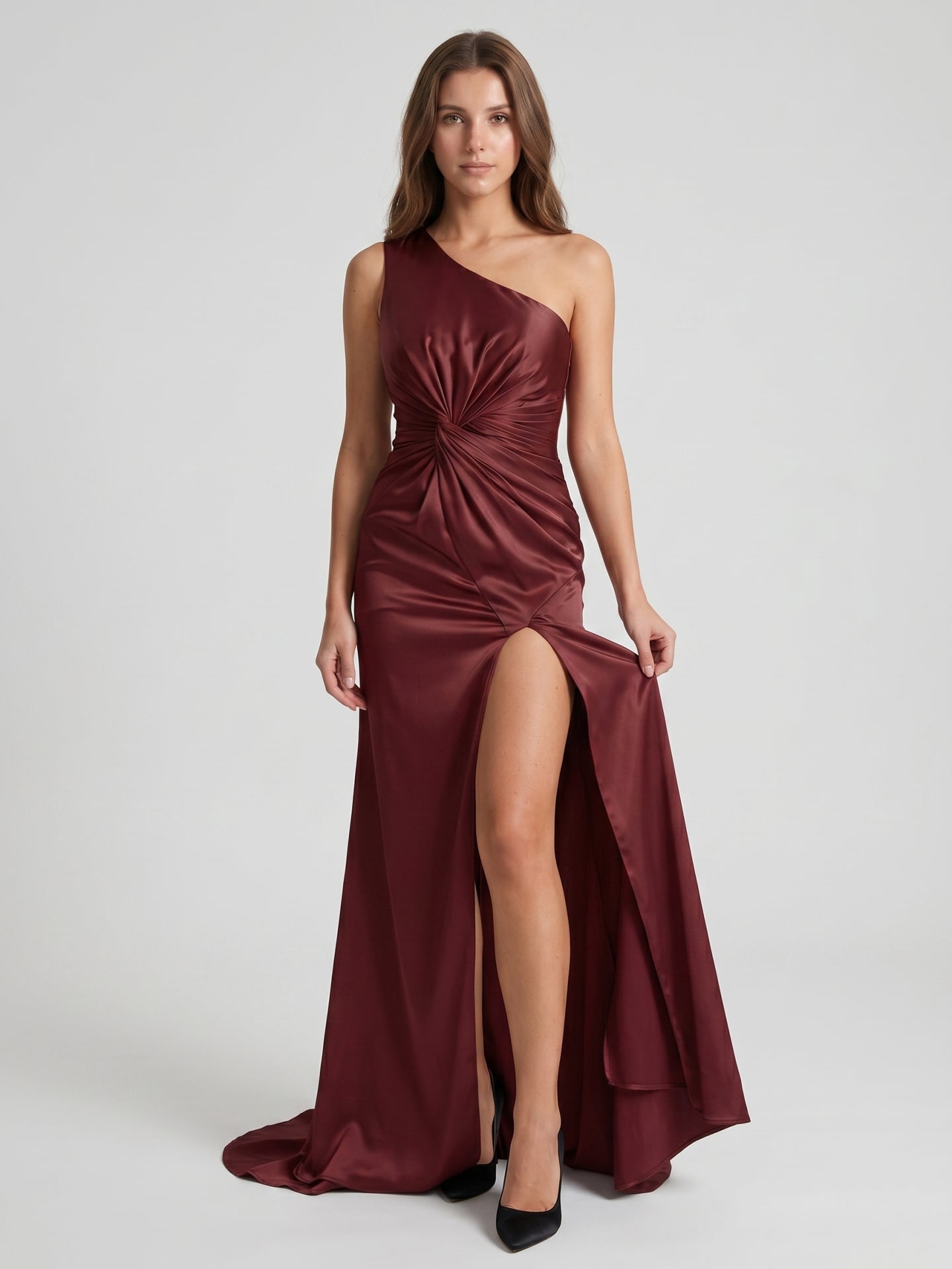 Cabernet Satin Mermaid One Shoulder Backless Floor-Length Bridesmaid Dress with Pleating