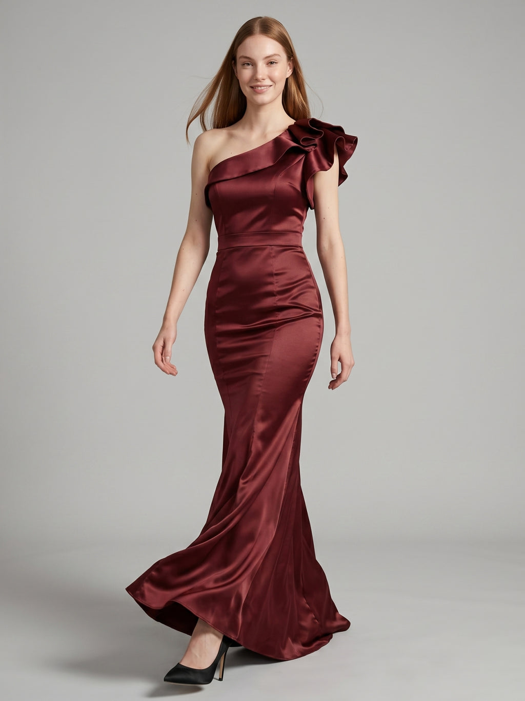 Cabernet Satin Mermaid One Shoulder Side Zip Floor-Length Bridesmaid Dress with Ruffle