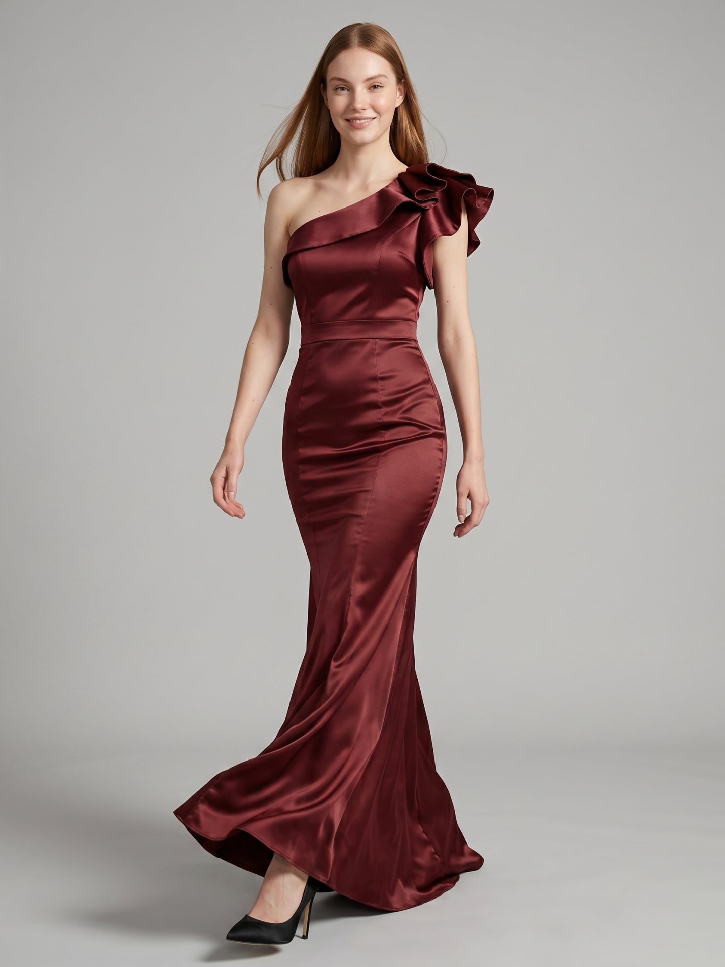 Cabernet Satin Mermaid One Shoulder Side Zip Floor-Length Bridesmaid Dress with Ruffle