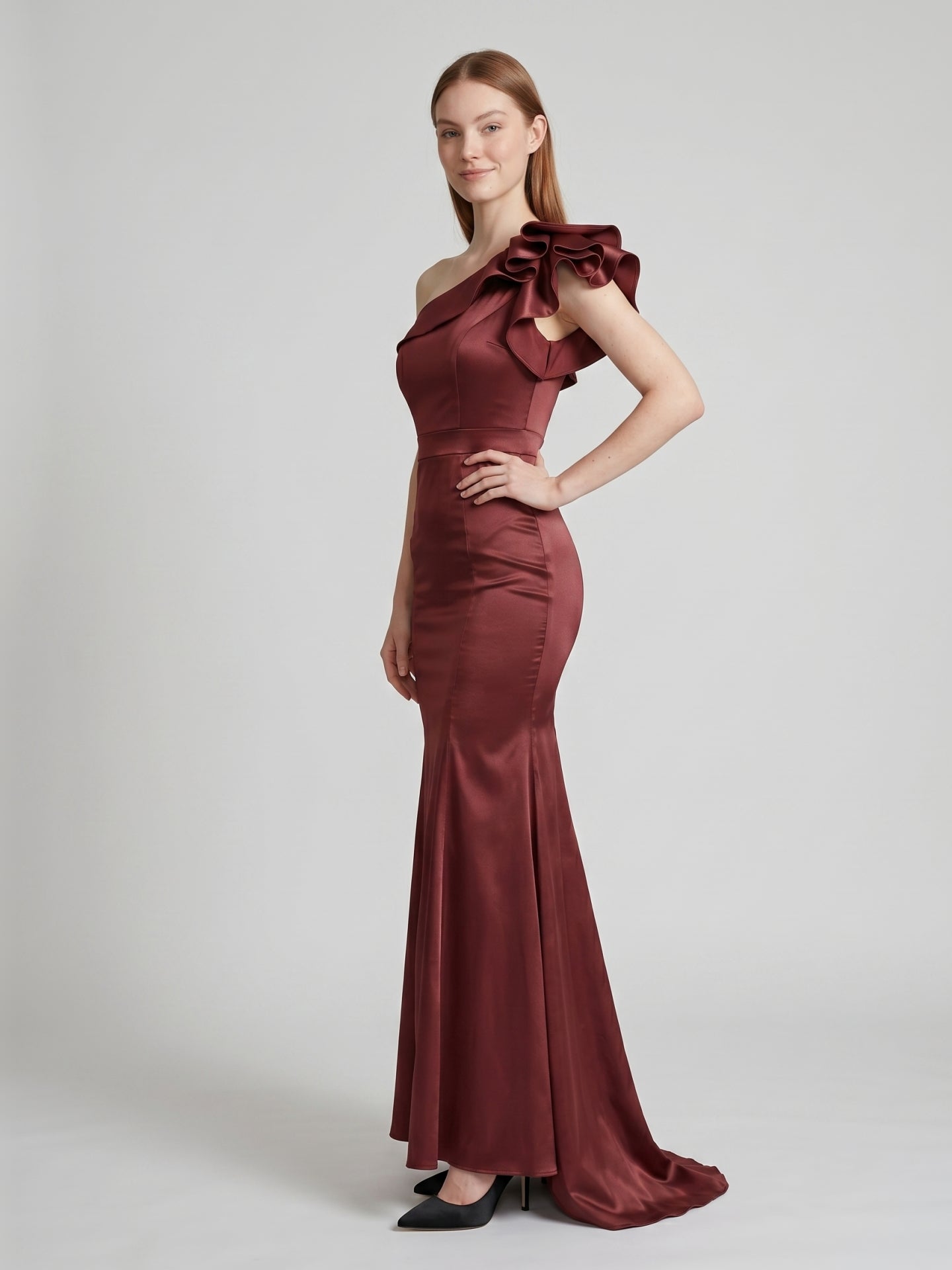 Cabernet Satin Mermaid One Shoulder Side Zip Floor-Length Bridesmaid Dress with Ruffle