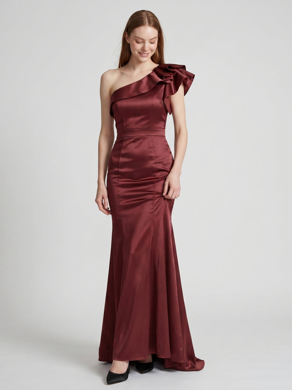 Cabernet Satin Mermaid One Shoulder Side Zip Floor-Length Bridesmaid Dress with Ruffle
