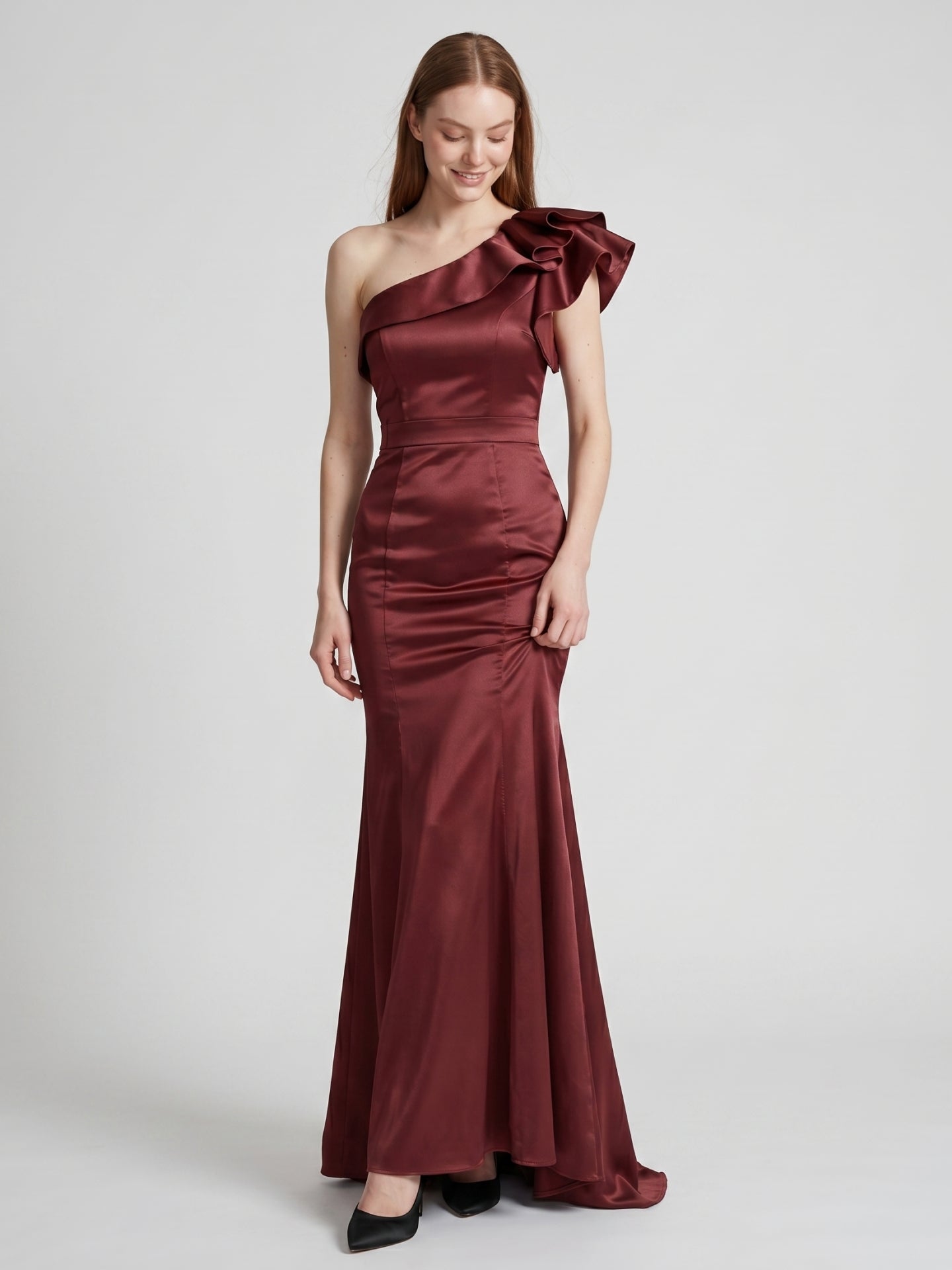 Cabernet Satin Mermaid One Shoulder Side Zip Floor-Length Bridesmaid Dress with Ruffle