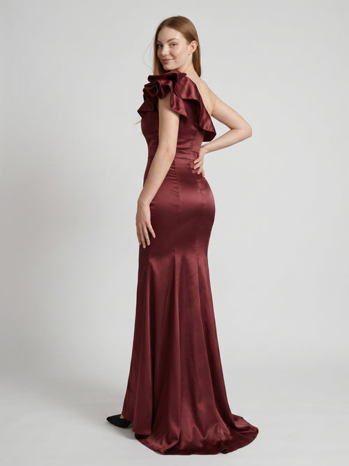 Cabernet Satin Mermaid One Shoulder Side Zip Floor-Length Bridesmaid Dress with Ruffle