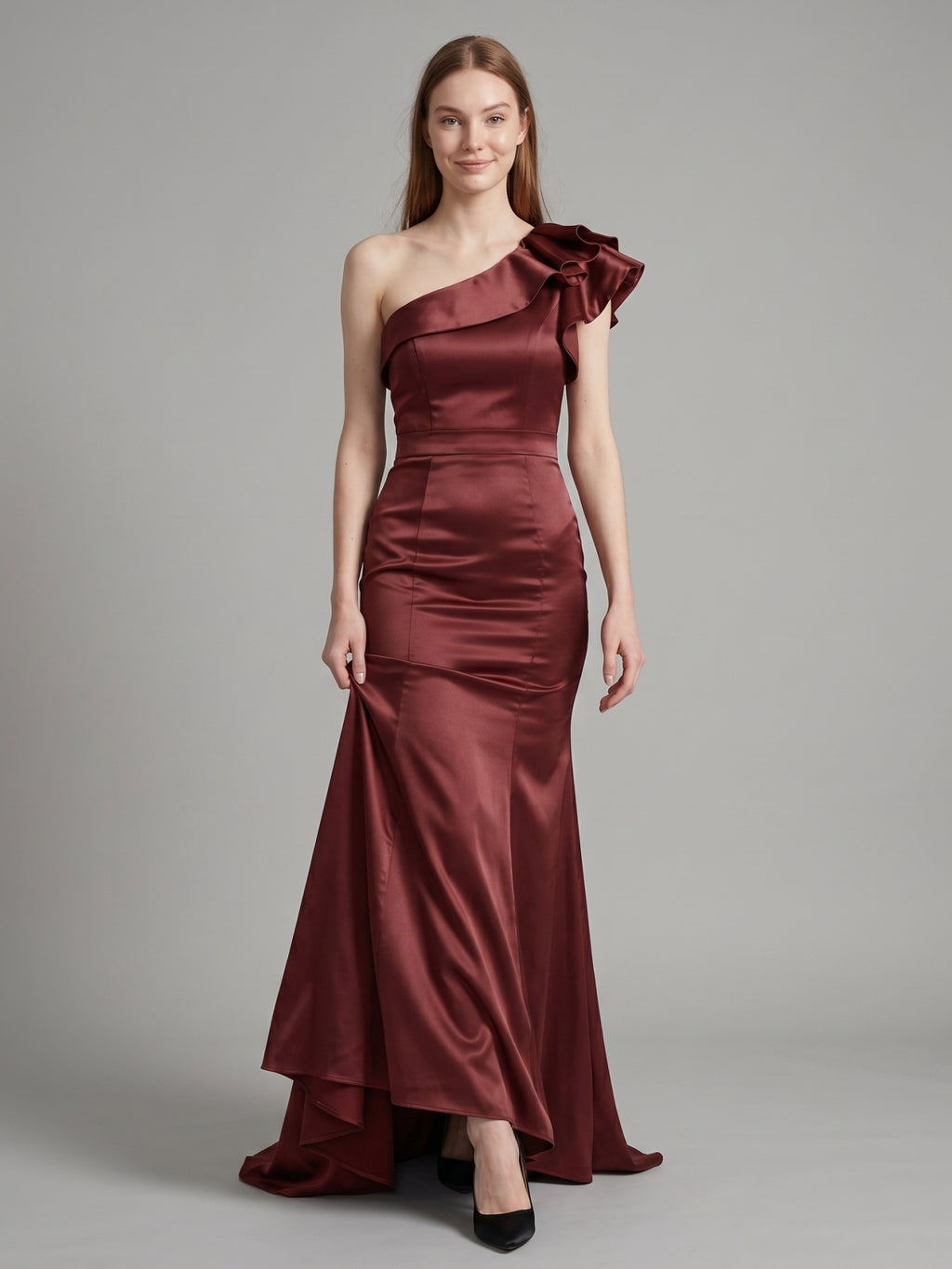 Cabernet Satin Mermaid One Shoulder Side Zip Floor-Length Bridesmaid Dress with Ruffle