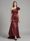 Cabernet Satin Mermaid One Shoulder Side Zip Floor-Length Bridesmaid Dress with Ruffle