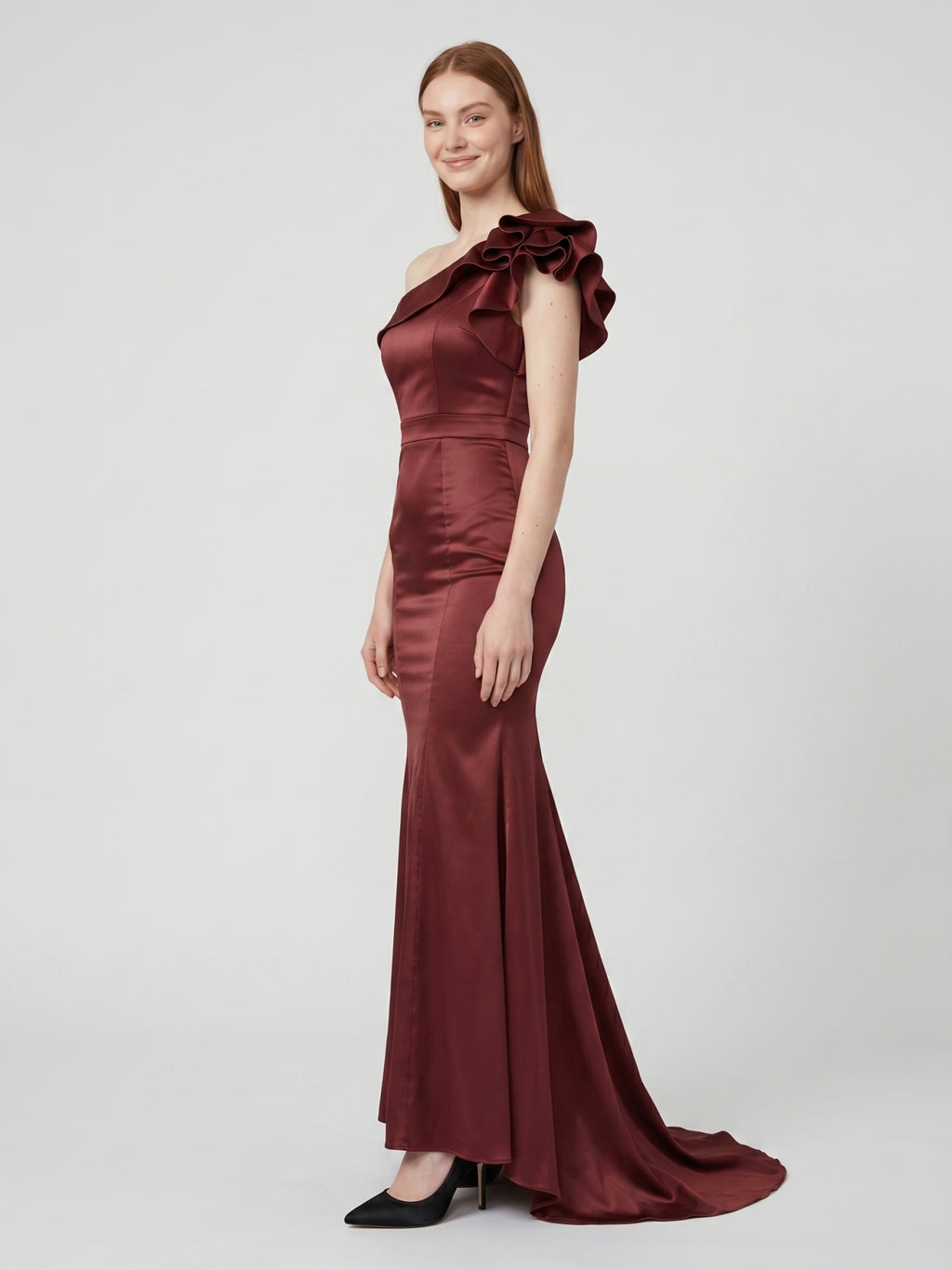 Cabernet Satin Mermaid One Shoulder Side Zip Floor-Length Bridesmaid Dress with Ruffle