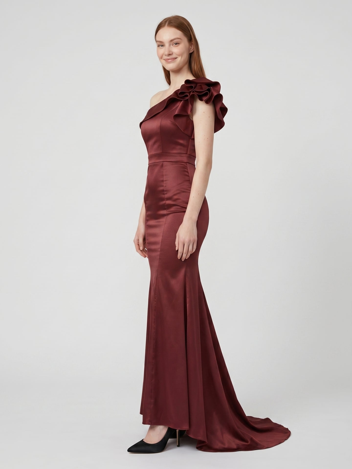 Cabernet Satin Mermaid One Shoulder Side Zip Floor-Length Bridesmaid Dress with Ruffle