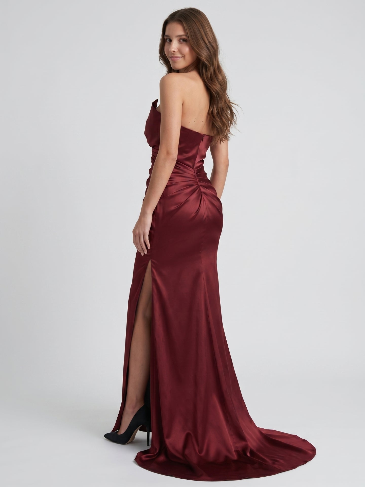 Cabernet Satin Mermaid Straight Neck Backless Floor-Length Bridesmaid Dress with Pleats