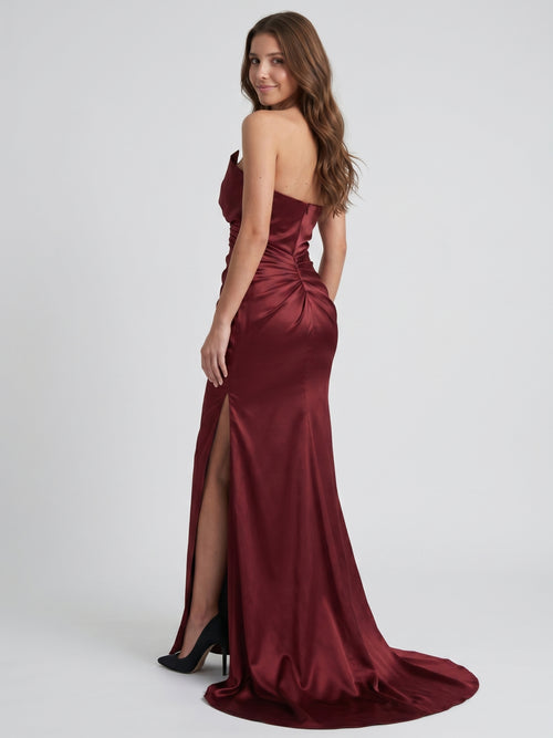 Cabernet Satin Mermaid Straight Neck Backless Floor-Length Bridesmaid Dress with Pleats