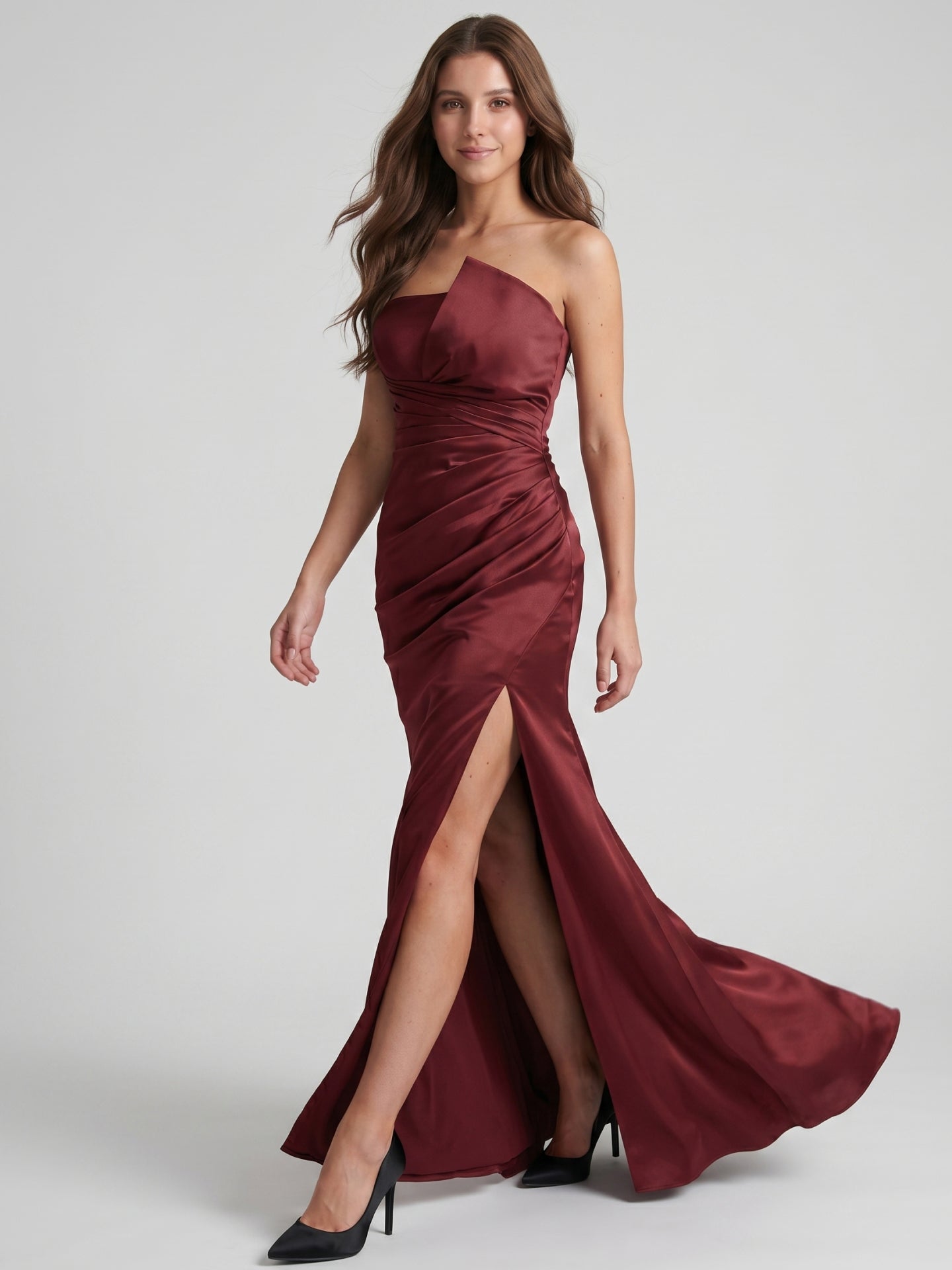 Cabernet Satin Mermaid Straight Neck Backless Floor-Length Bridesmaid Dress with Pleats