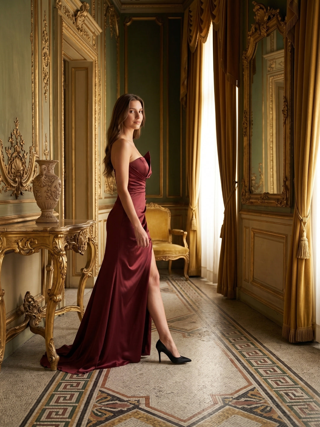 Cabernet Satin Mermaid Straight Neck Backless Floor-Length Bridesmaid Dress with Pleats