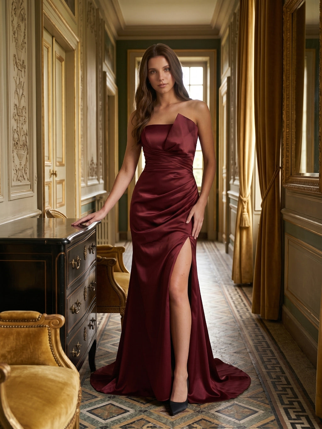Cabernet Satin Mermaid Straight Neck Backless Floor-Length Bridesmaid Dress with Pleats