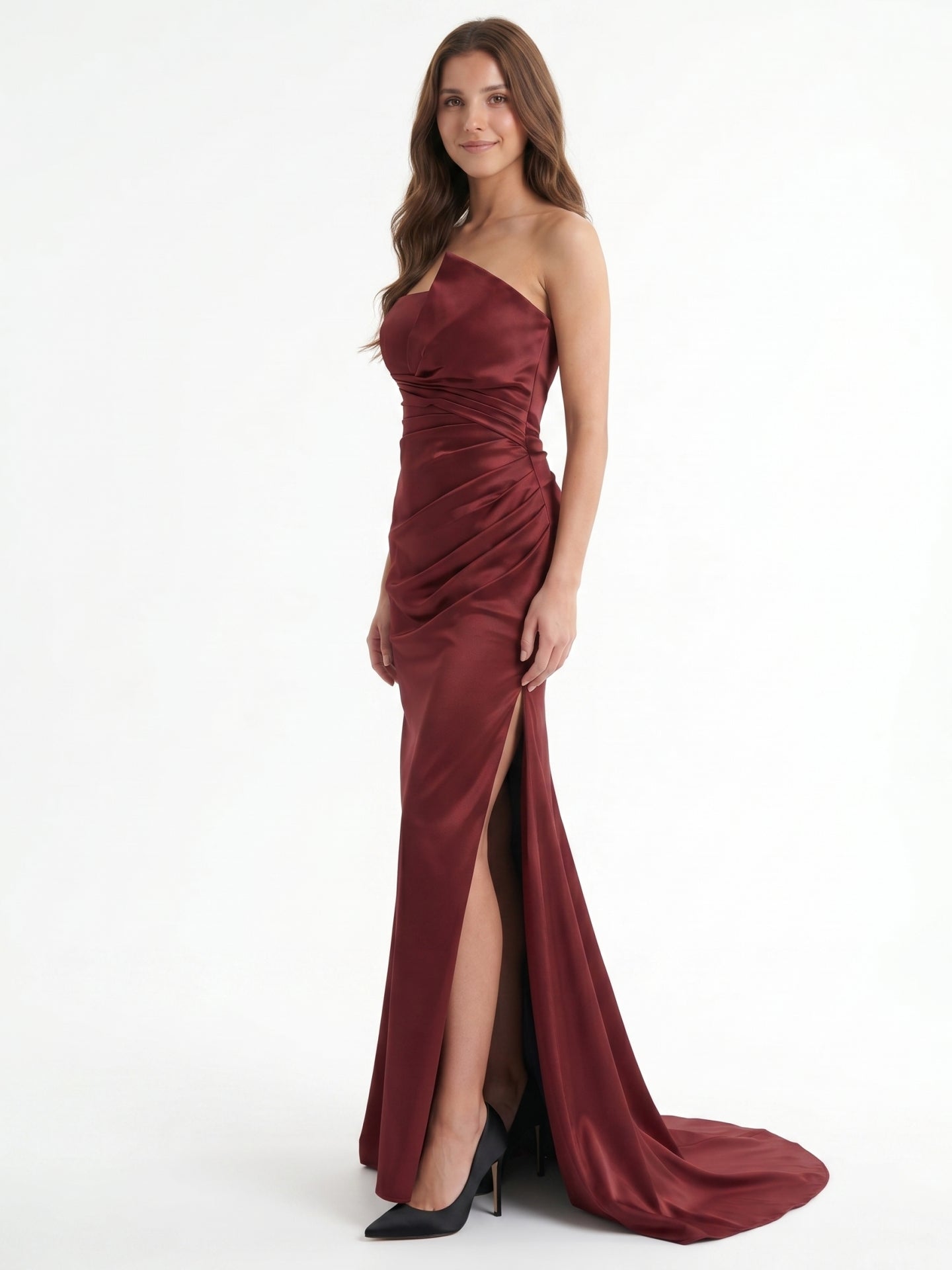 Cabernet Satin Mermaid Straight Neck Backless Floor-Length Bridesmaid Dress with Pleats