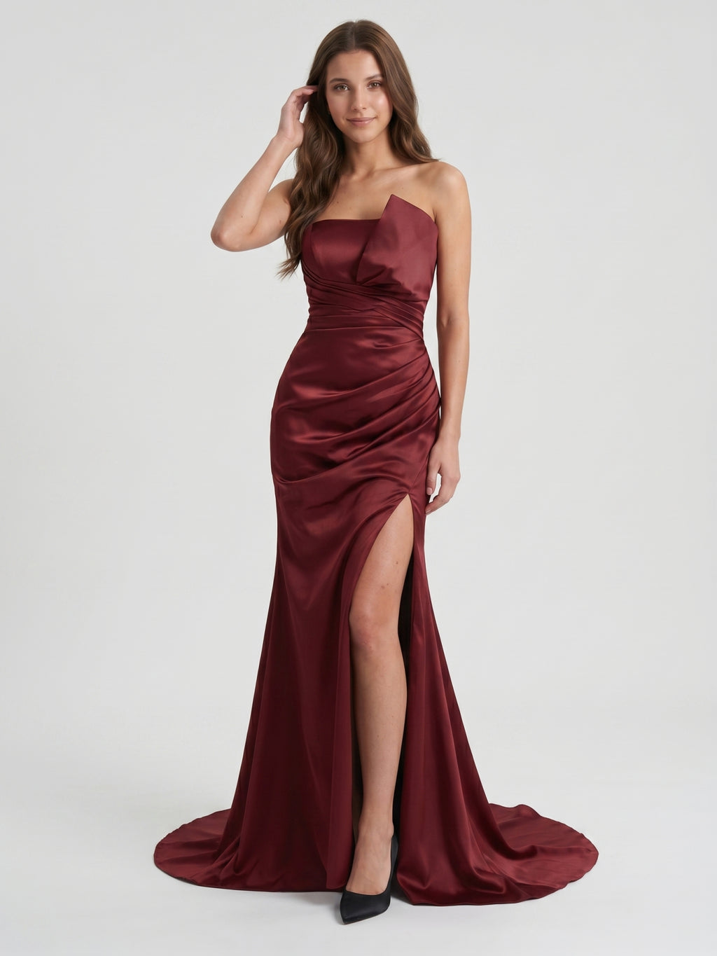 Cabernet Satin Mermaid Straight Neck Backless Floor-Length Bridesmaid Dress with Pleats