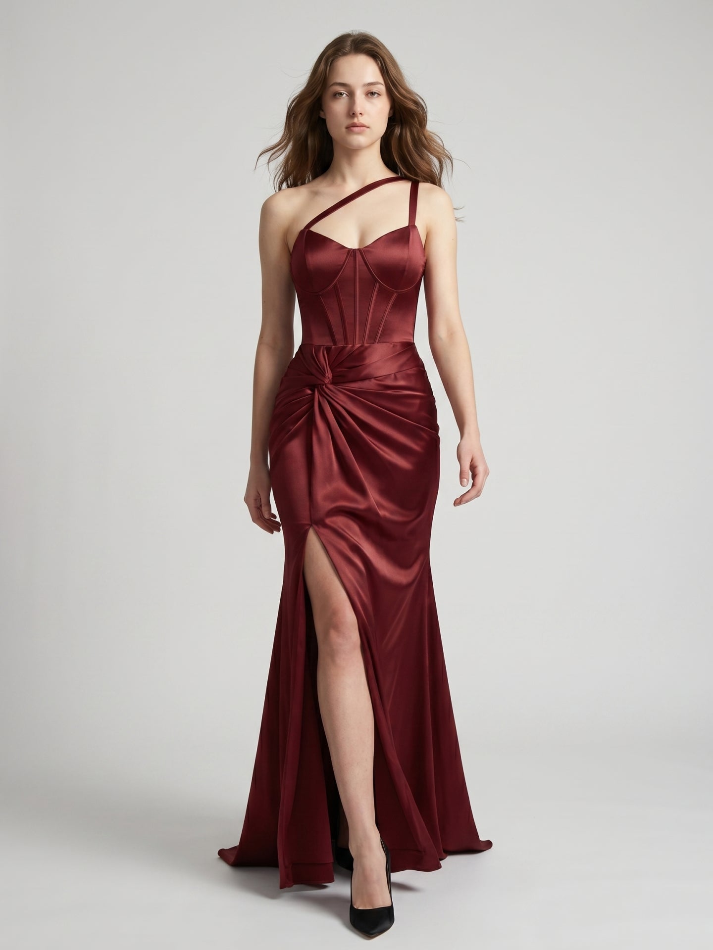 Cabernet Satin Mermaid Sweetheart Backless Floor-Length Bridesmaid Dress with Pleated Details