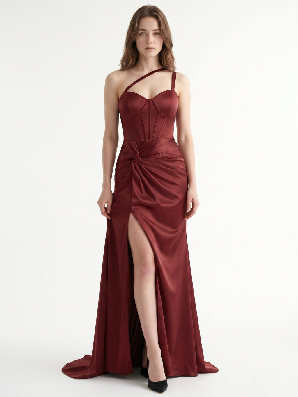 Cabernet Satin Mermaid Sweetheart Backless Floor-Length Bridesmaid Dress with Pleated Details
