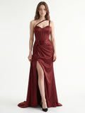 Cabernet Satin Mermaid Sweetheart Backless Floor-Length Bridesmaid Dress with Pleated Details