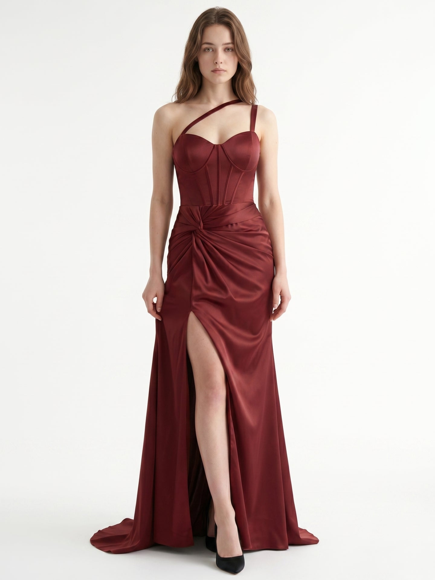 Cabernet Satin Mermaid Sweetheart Backless Floor-Length Bridesmaid Dress with Pleated Details