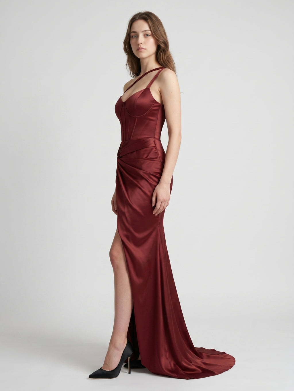 Cabernet Satin Mermaid Sweetheart Backless Floor-Length Bridesmaid Dress with Pleated Details