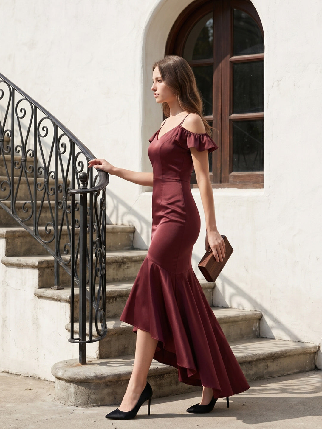 Cabernet Satin Mermaid V-Neck V-Back Floor-Length Bridesmaid Dress with Ruffle