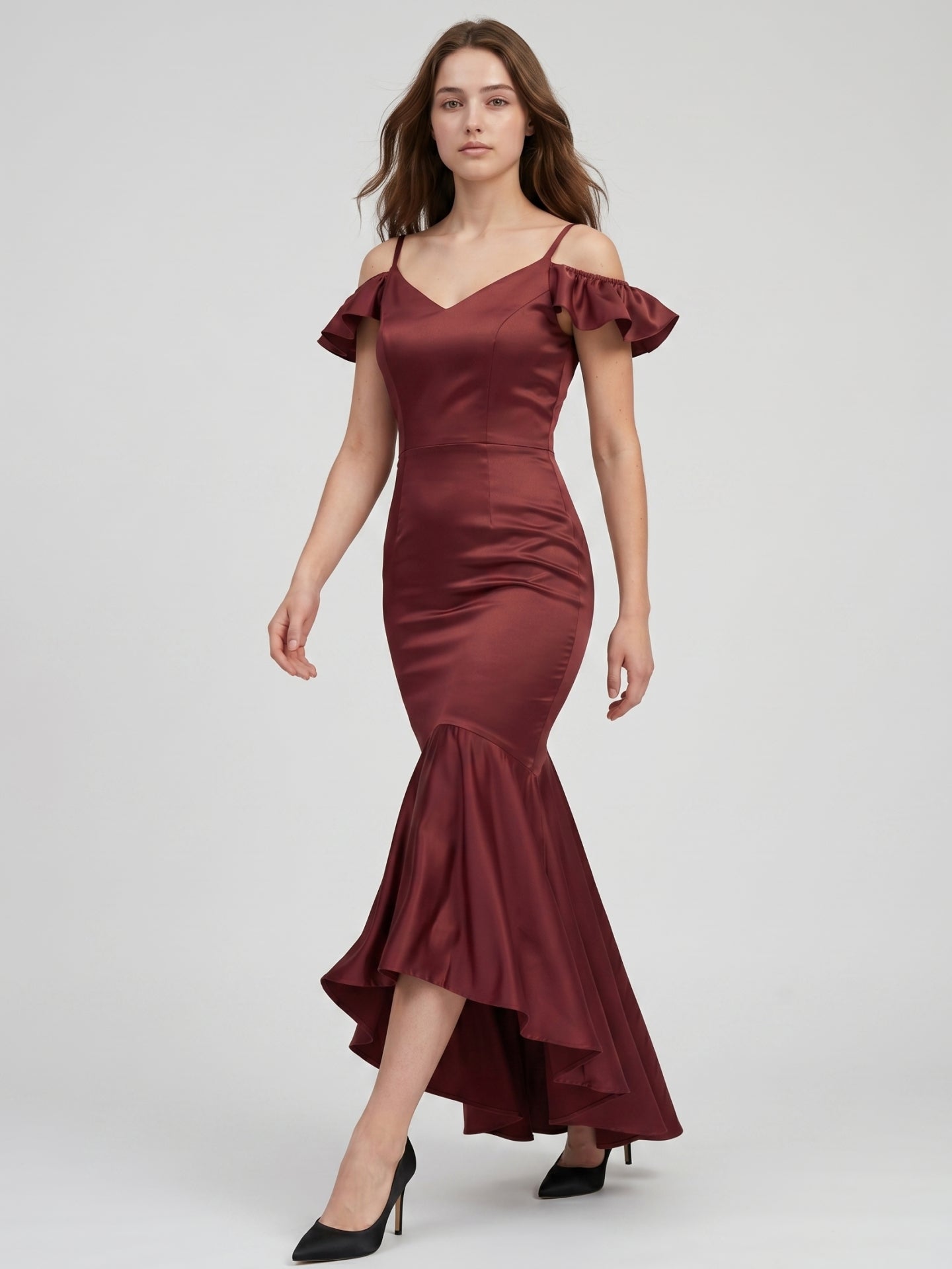 Cabernet Satin Mermaid V-Neck V-Back Floor-Length Bridesmaid Dress with Ruffle