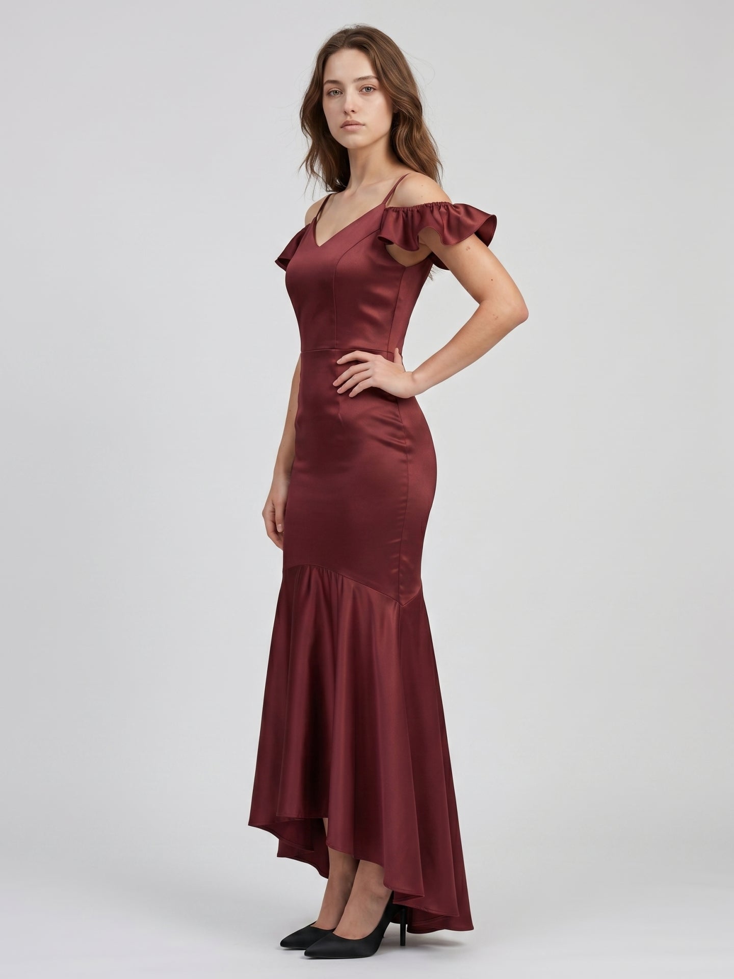Cabernet Satin Mermaid V-Neck V-Back Floor-Length Bridesmaid Dress with Ruffle