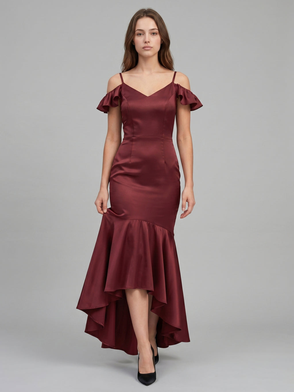 Cabernet Satin Mermaid V-Neck V-Back Floor-Length Bridesmaid Dress with Ruffle