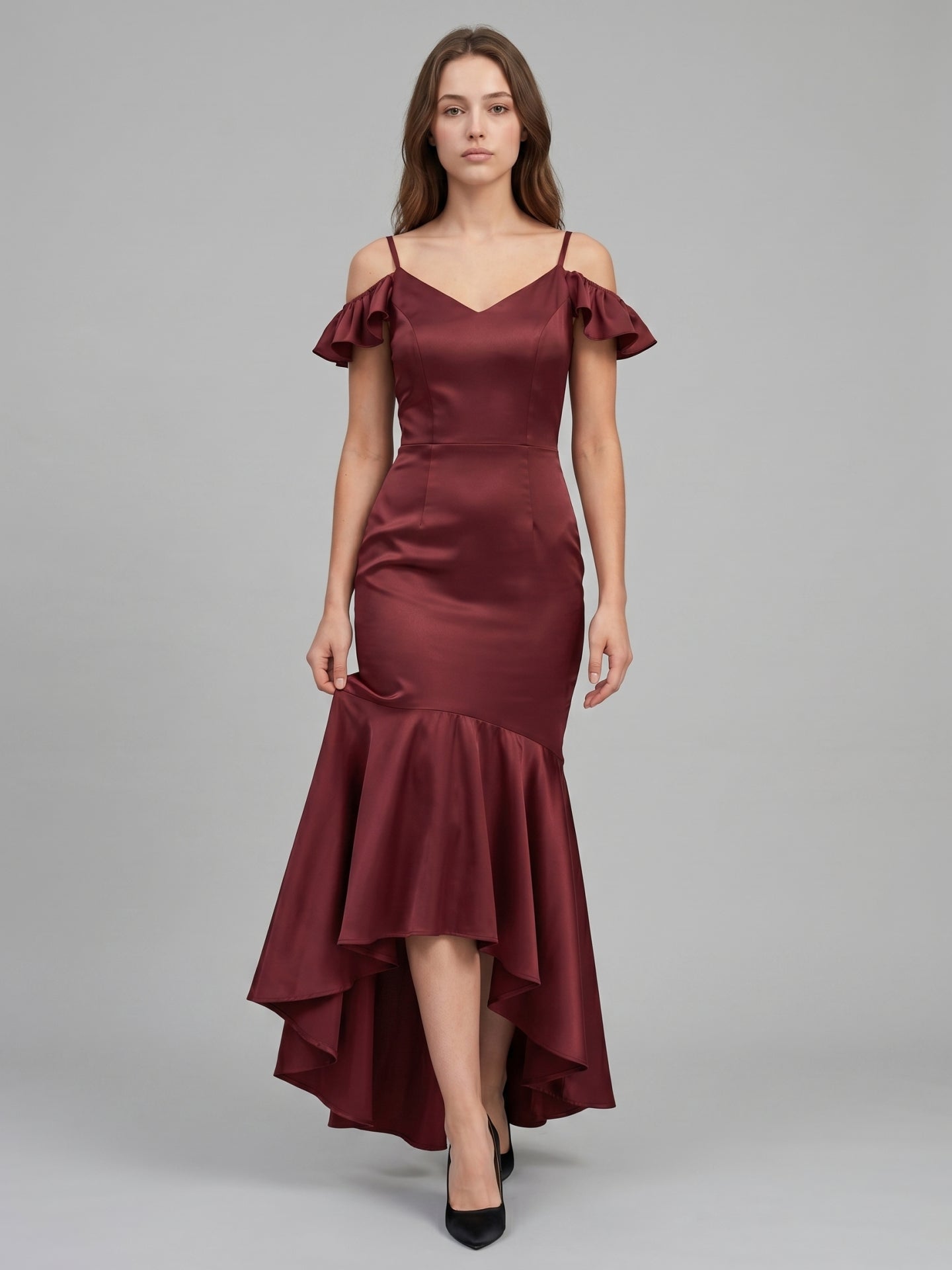 Cabernet Satin Mermaid V-Neck V-Back Floor-Length Bridesmaid Dress with Ruffle