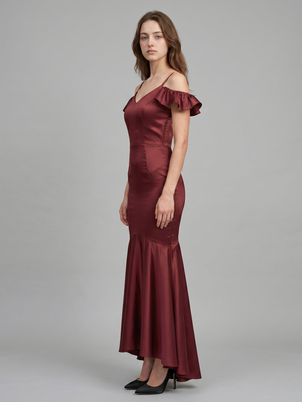 Cabernet Satin Mermaid V-Neck V-Back Floor-Length Bridesmaid Dress with Ruffle