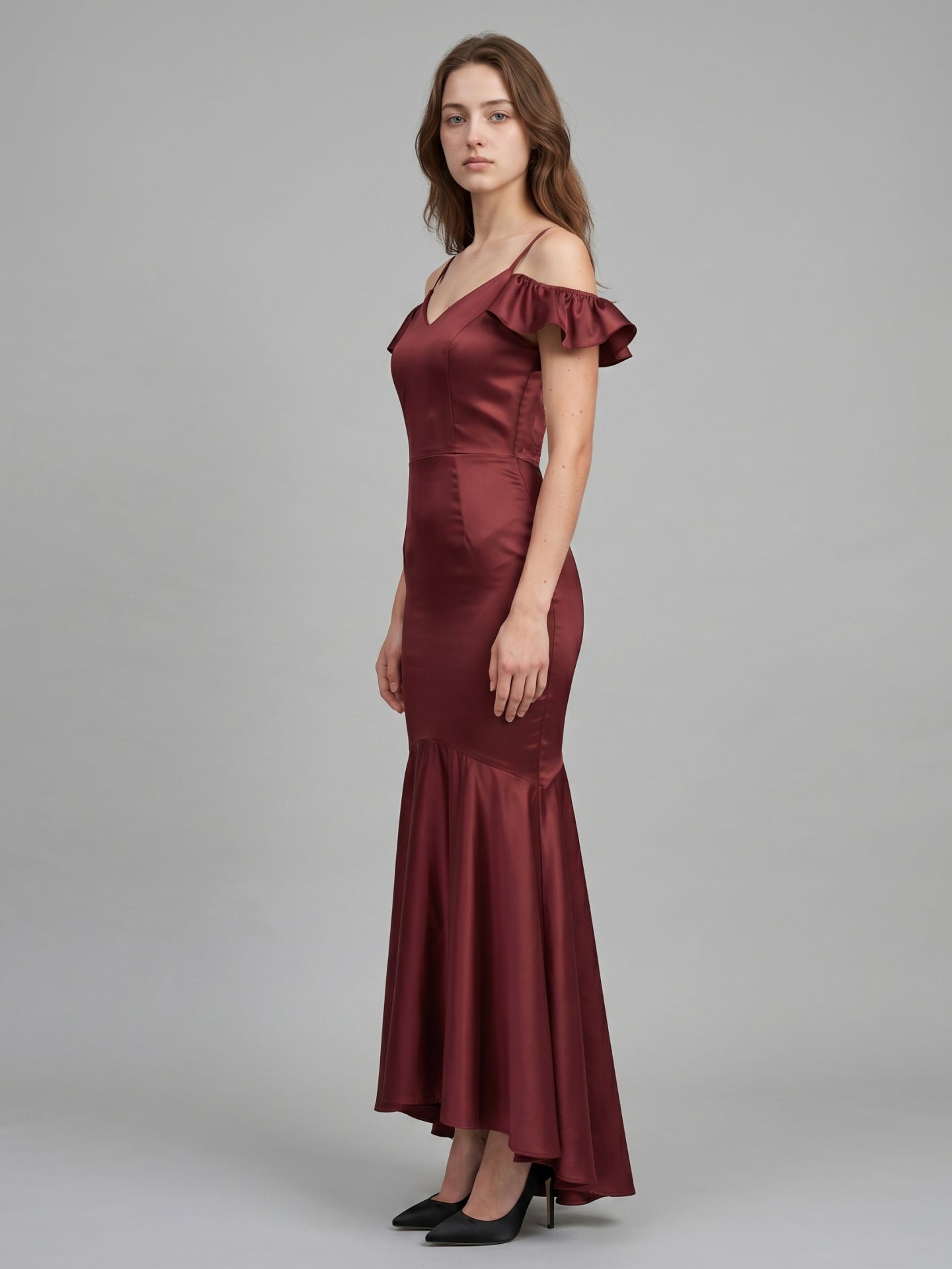Cabernet Satin Mermaid V-Neck V-Back Floor-Length Bridesmaid Dress with Ruffle